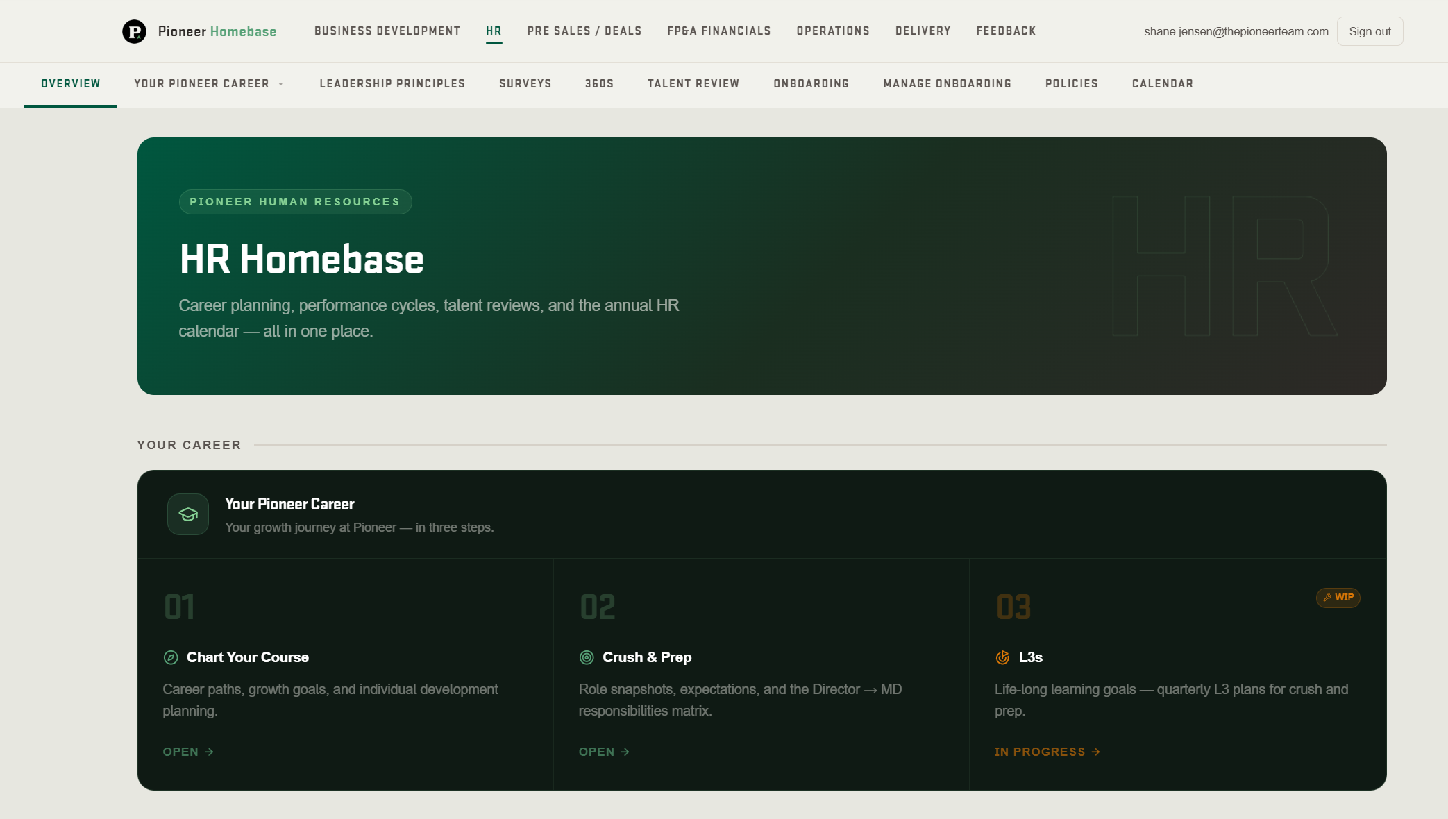 HR Homebase overview page with career planning, surveys and onboarding sections